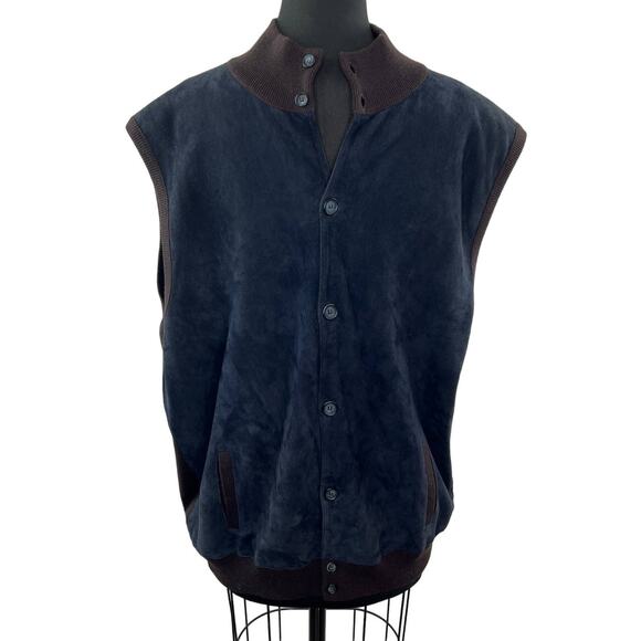$3.8K Michael Reslan Brown Knit Blue Suede Leather Gilet Vest Wool Cashmere 60 - Picture 1 of 11
